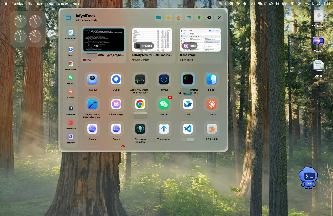InfyniDock Menu Dock showing live previews for exact window switching