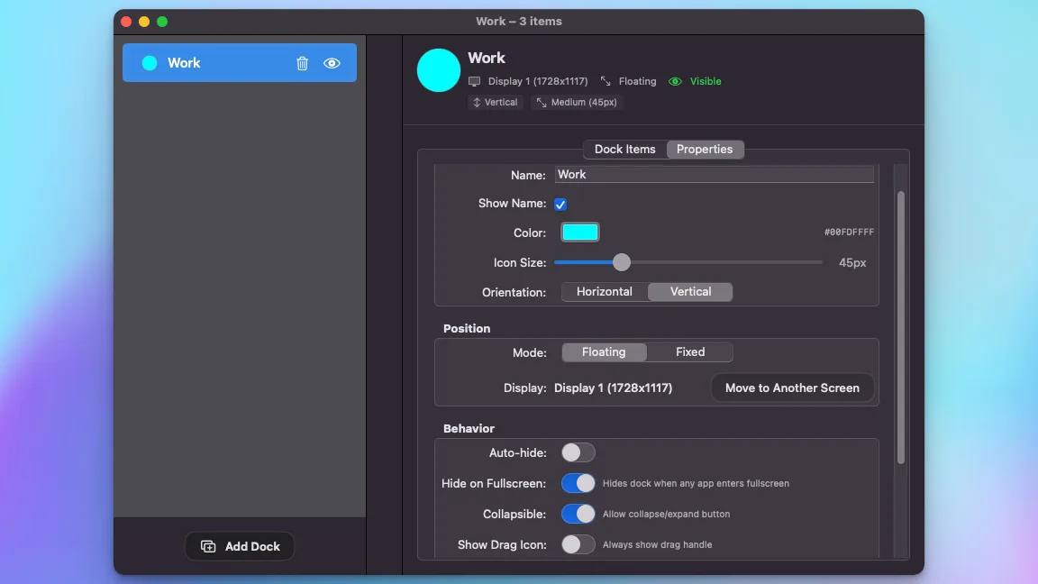 Dock settings inside the management screen