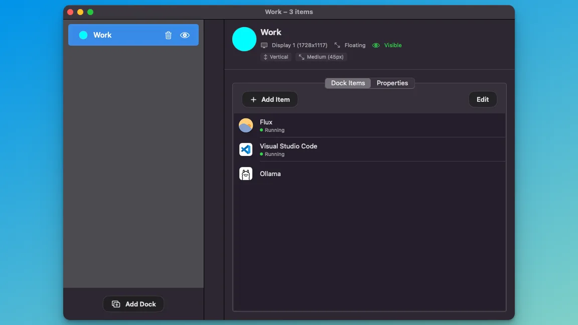 The first dock management screen