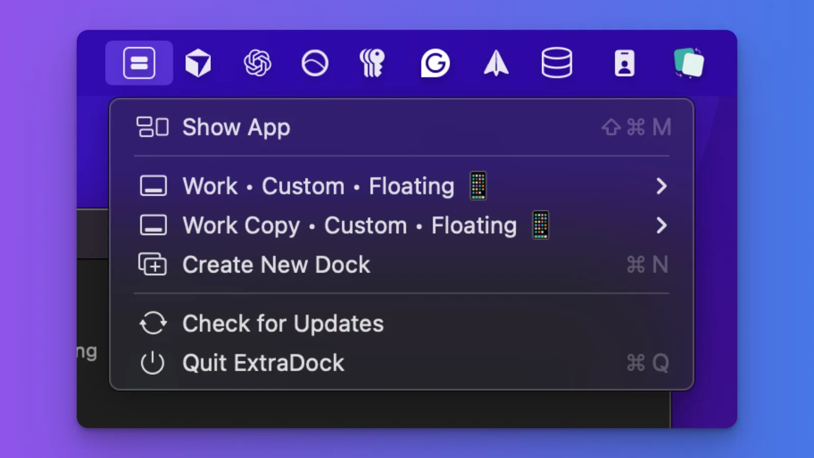 The reorganized menu bar menu