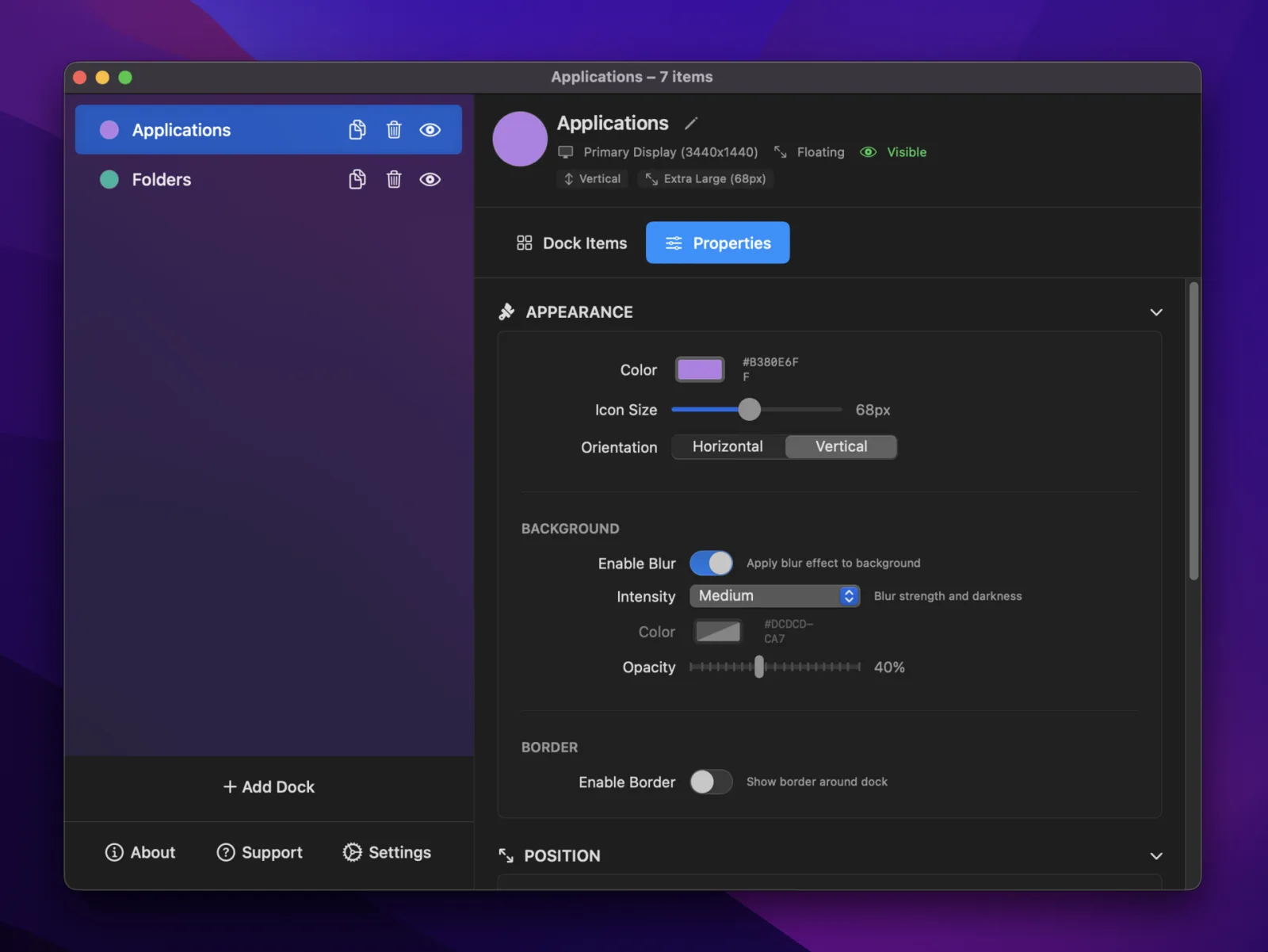 Dock appearance settings with color, blur, and opacity controls