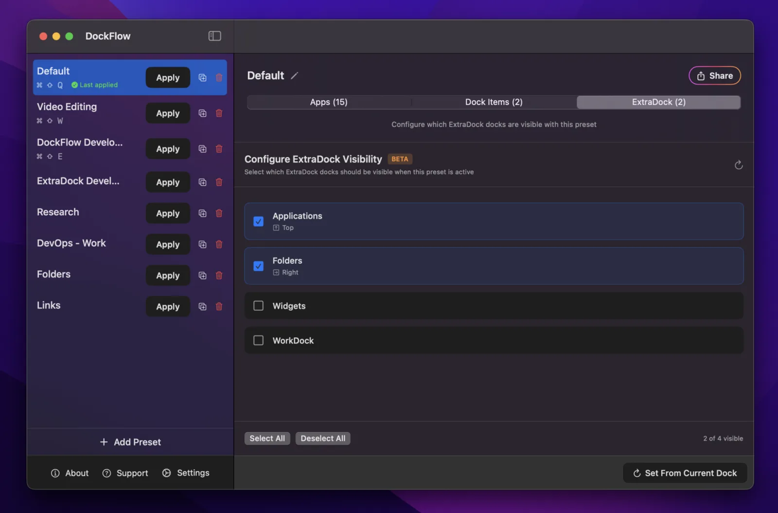 DockFlow preset settings controlling which ExtraDock docks appear