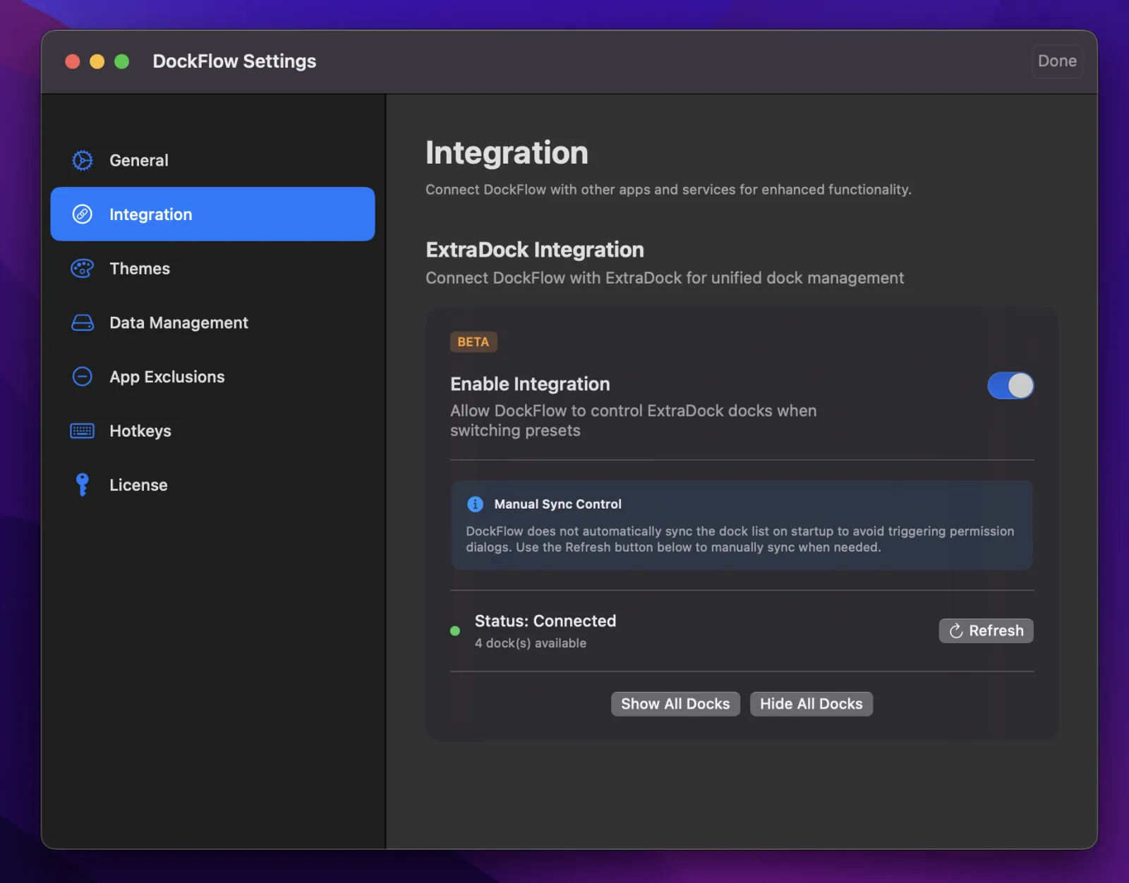 The integration tab in DockFlow settings