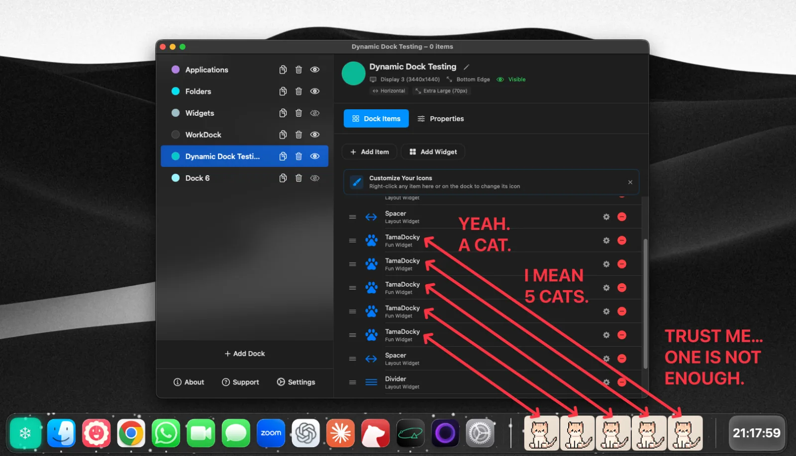 TamaDocky cat companion widgets in a dock