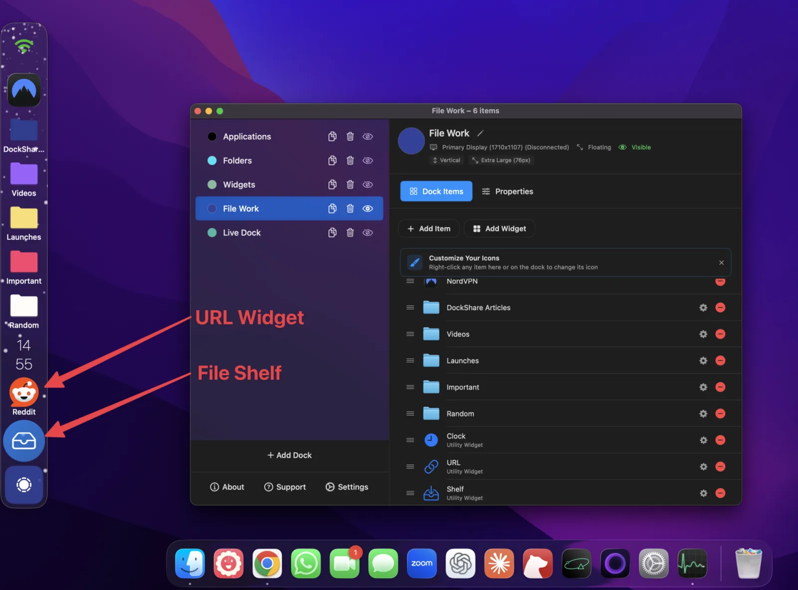 URL widget and Shelf widget in a dock