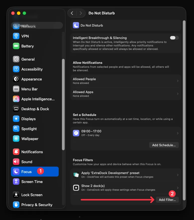 ExtraDock filter inside a macOS Focus Mode