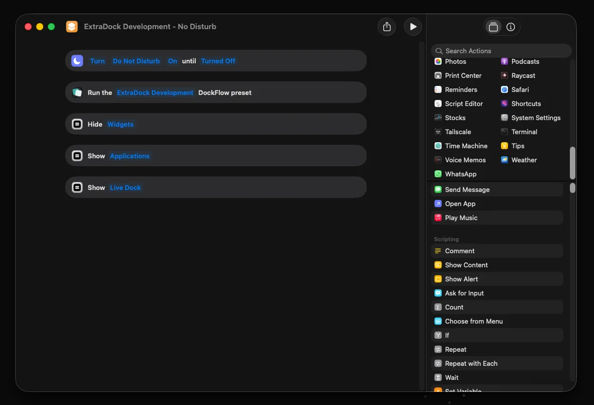 ExtraDock actions inside an Apple Shortcuts automation