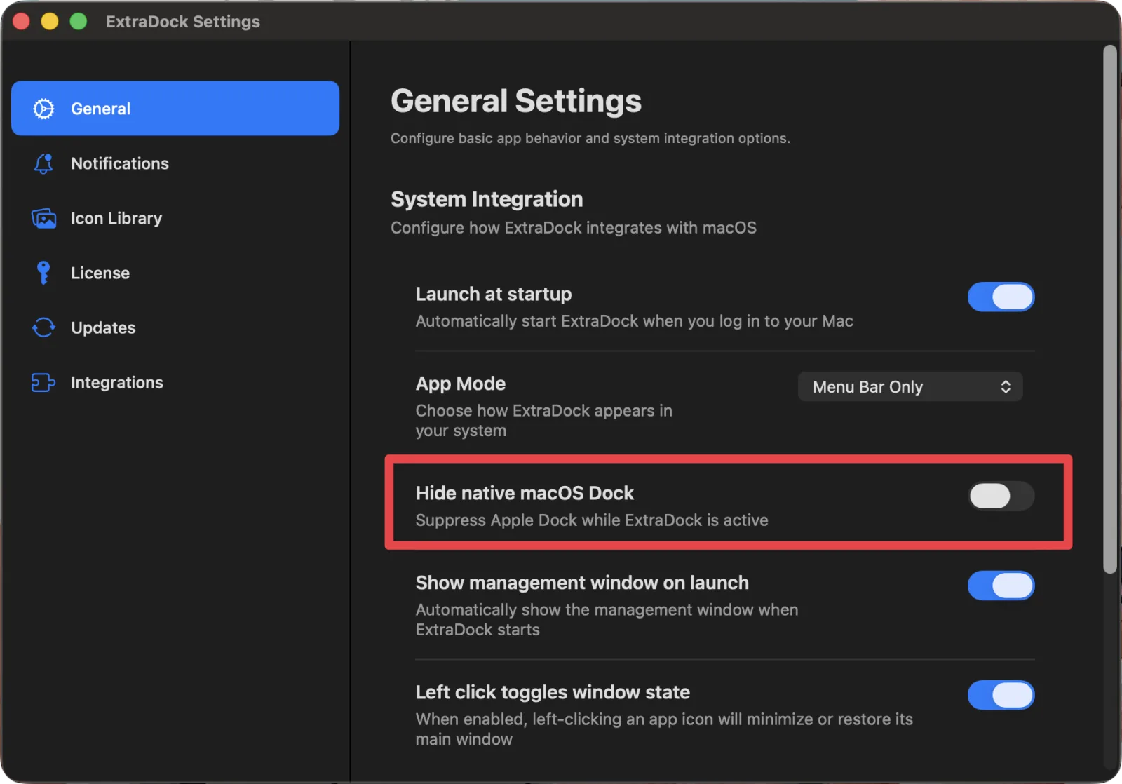Settings with the Hide Native macOS Dock option