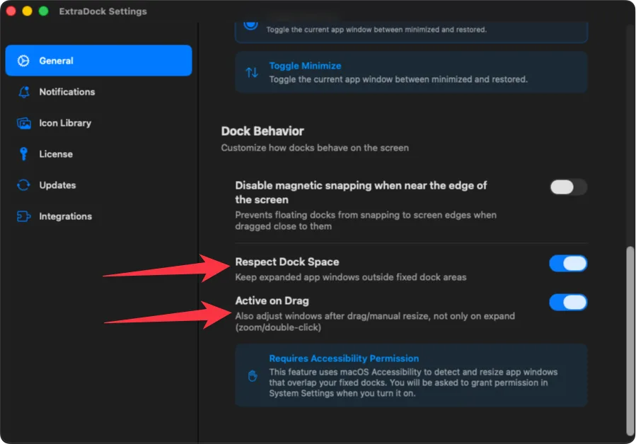 Respect Dock Space options in Global Settings