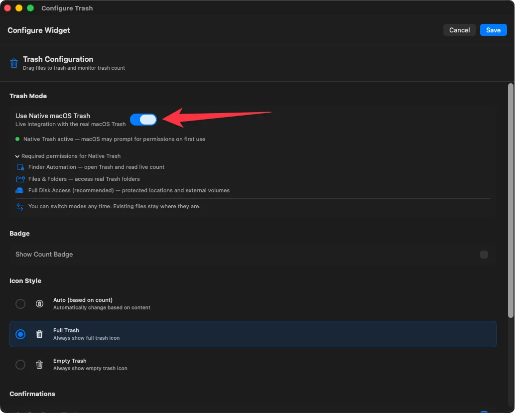 Trash widget settings with Use Native macOS Trash enabled