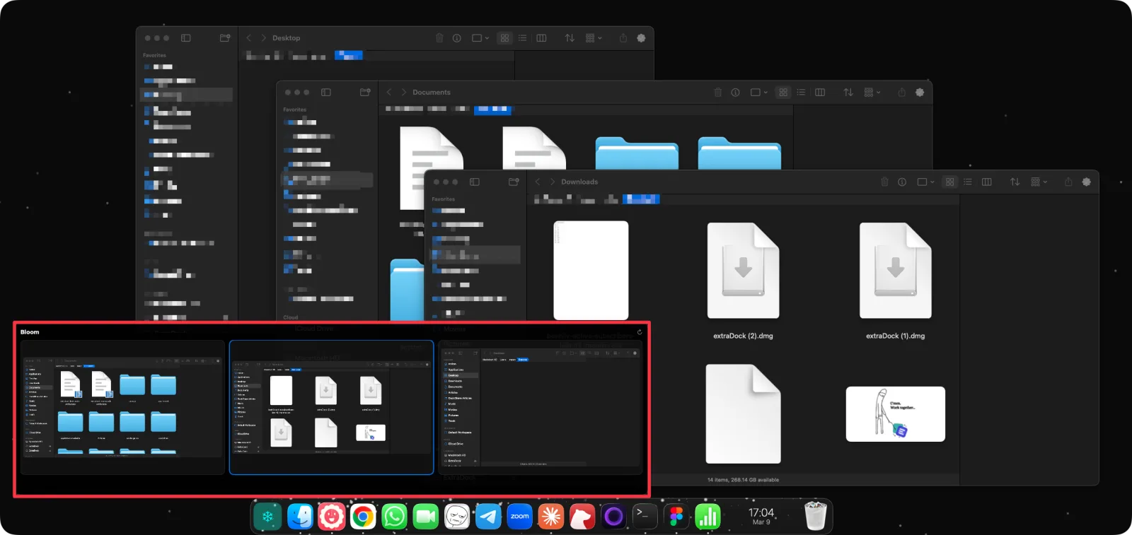 Window previews shown when hovering an app icon in the dock