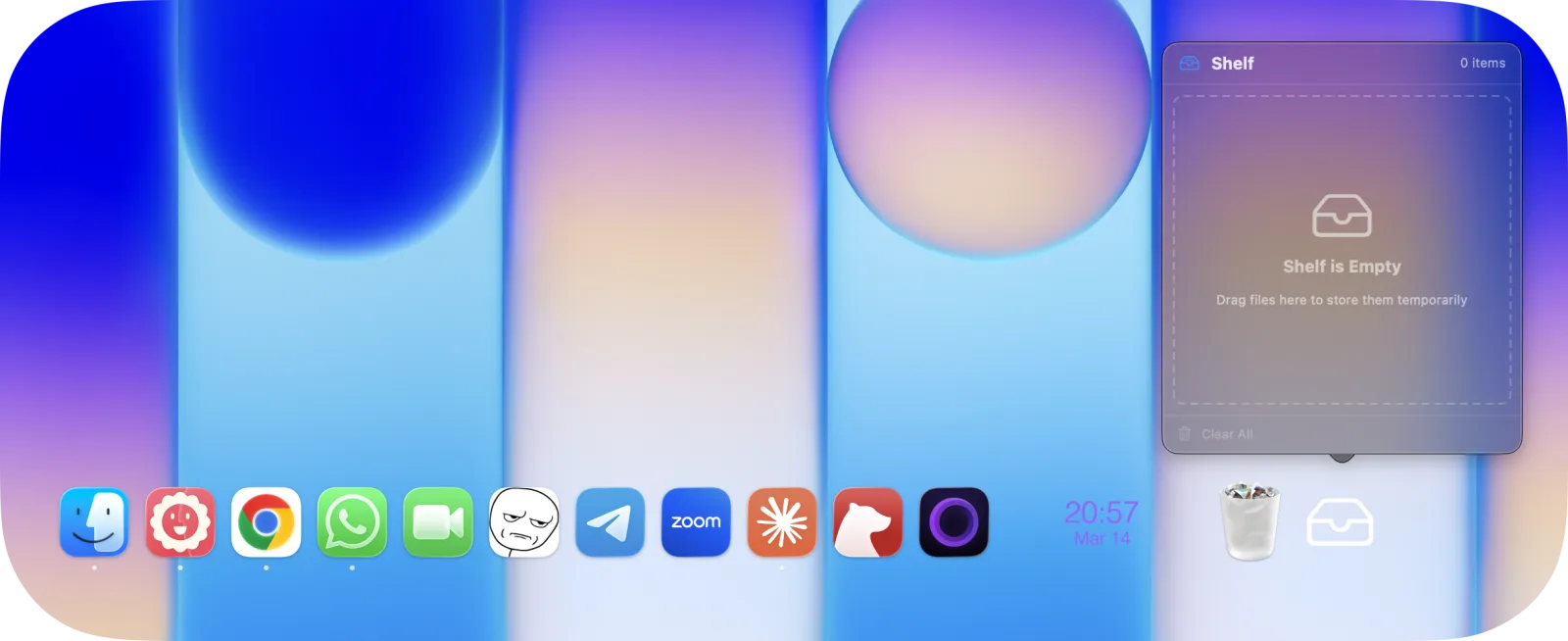 The rebuilt Shelf widget holding files