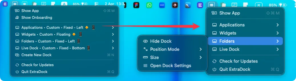 Previous menu bar menu next to the redesigned one