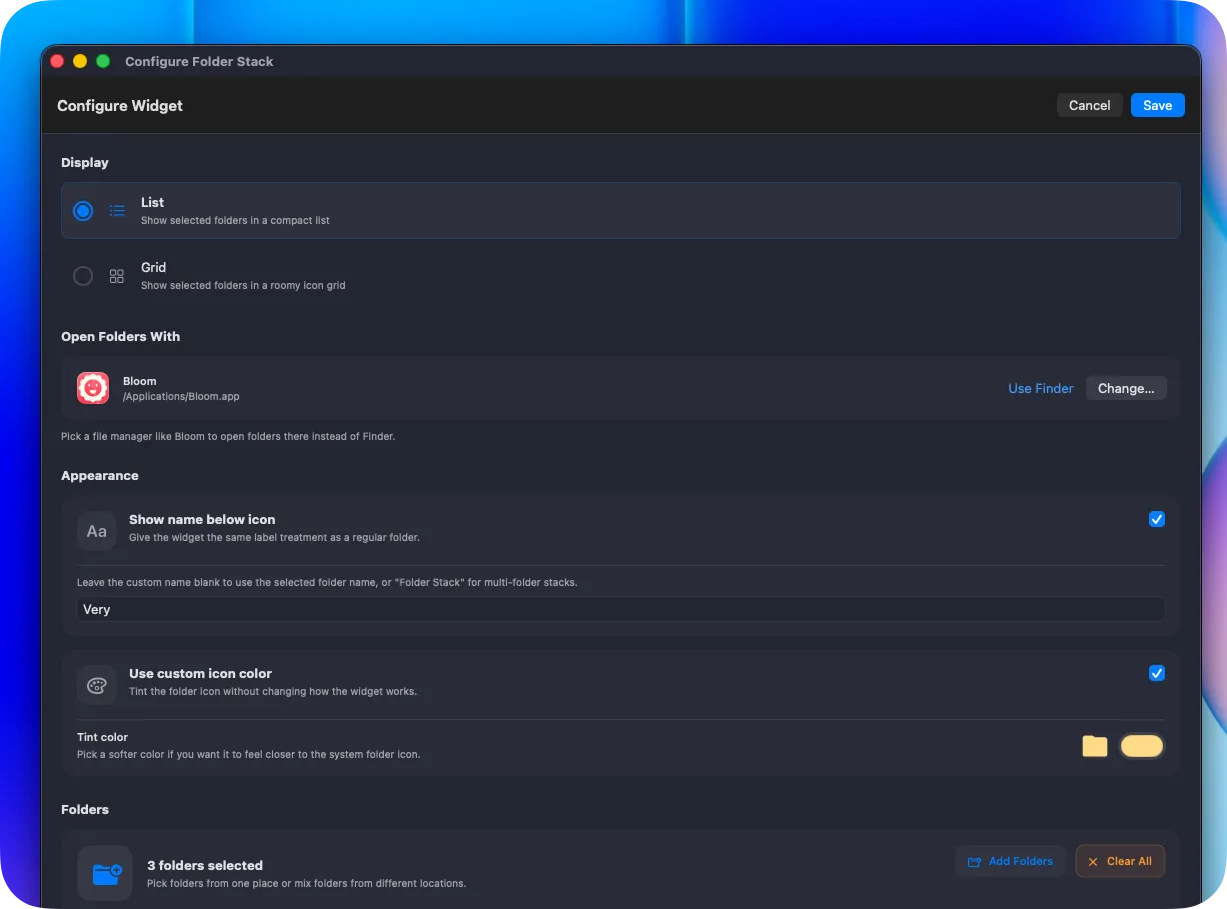 Folder Stack widget configuration