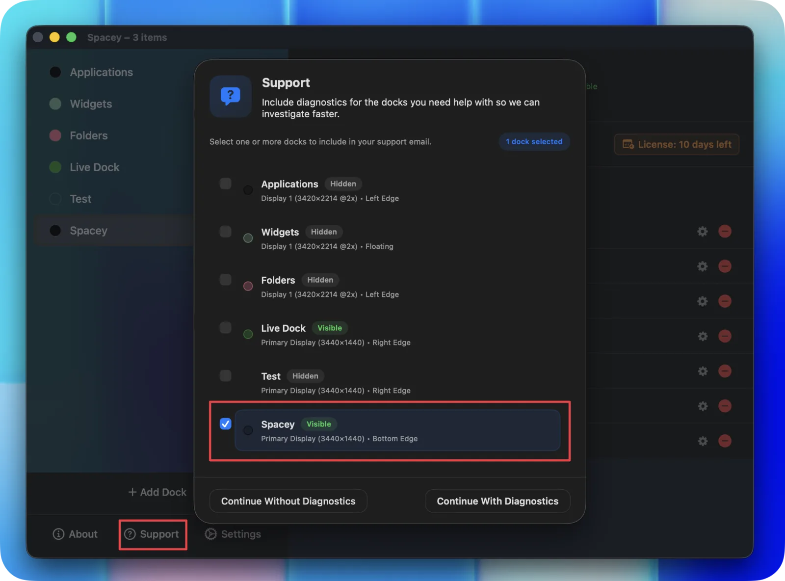 Support page with the option to include diagnostic information