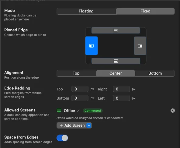 Edge padding settings for a fixed dock