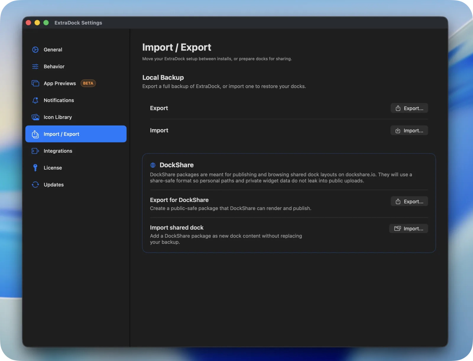 The Import and Export tab in Settings