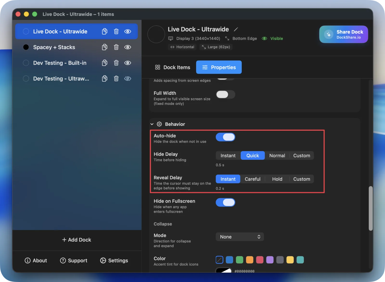 Auto-hide settings with the reveal delay option