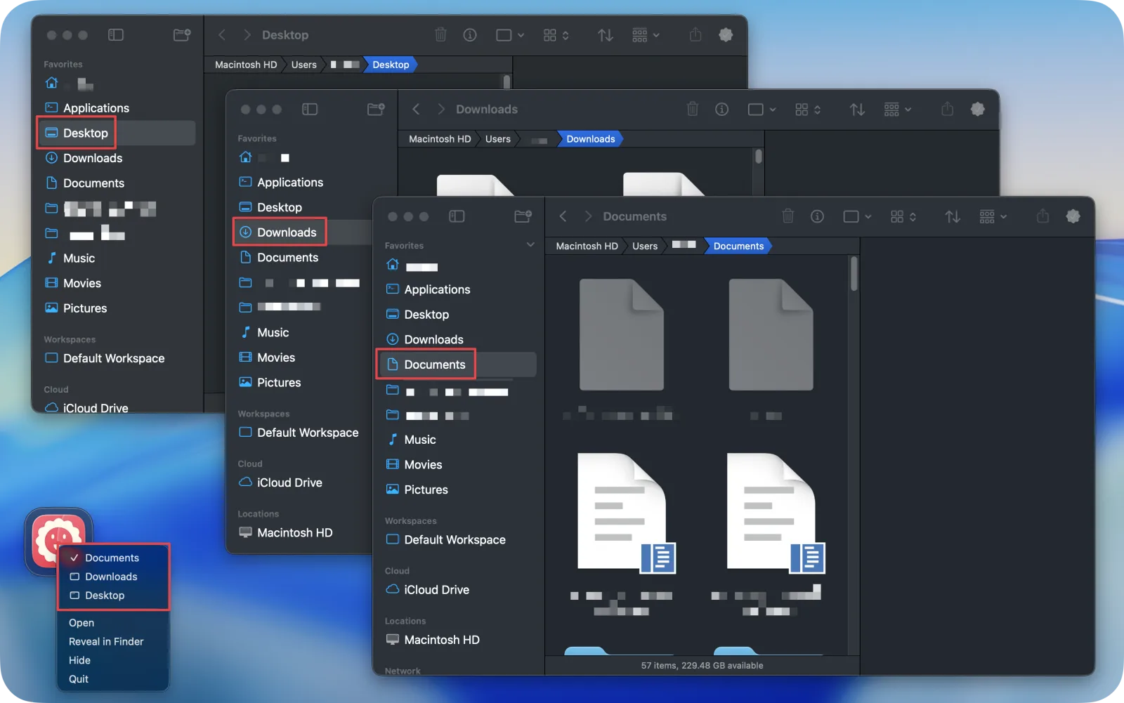 Right-click menu listing the open windows of an app