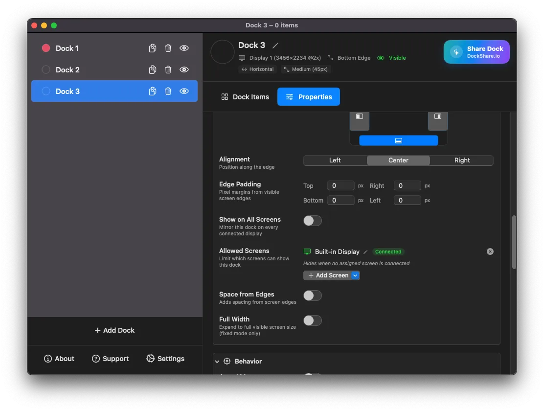 Refreshed screen settings for assigning docks to monitors