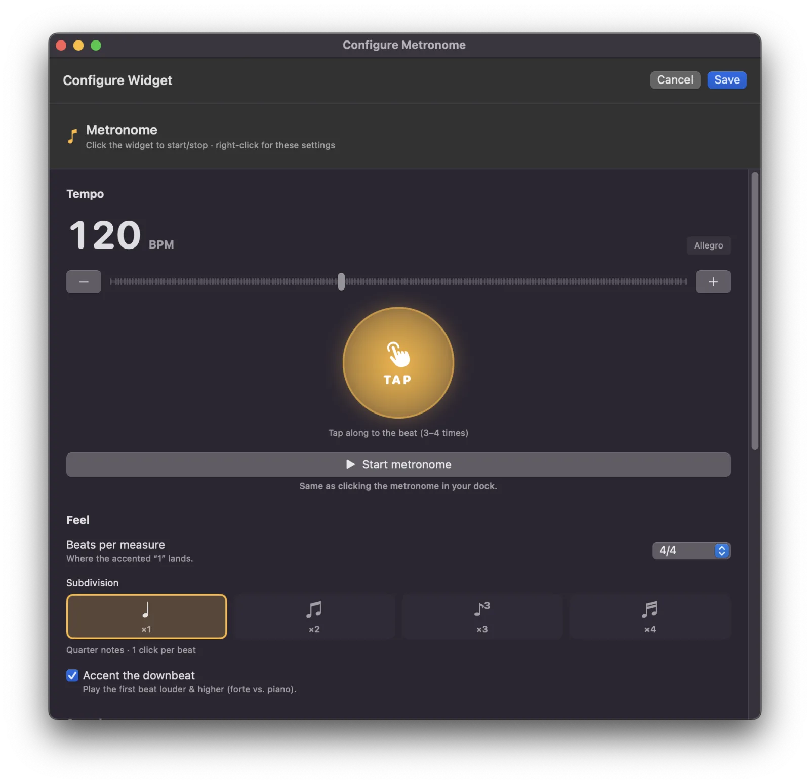 Metronome widget settings