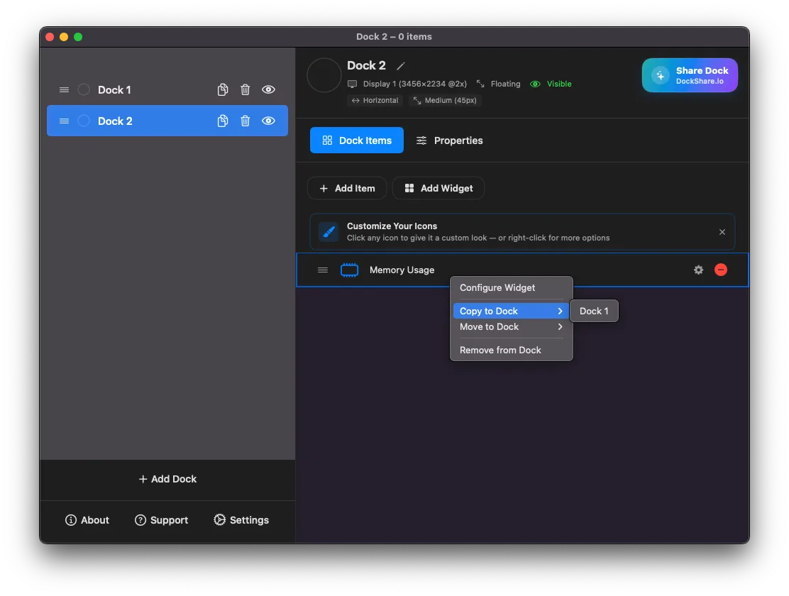 Right-click menu in the Management window with Copy to Dock and Move to Dock options