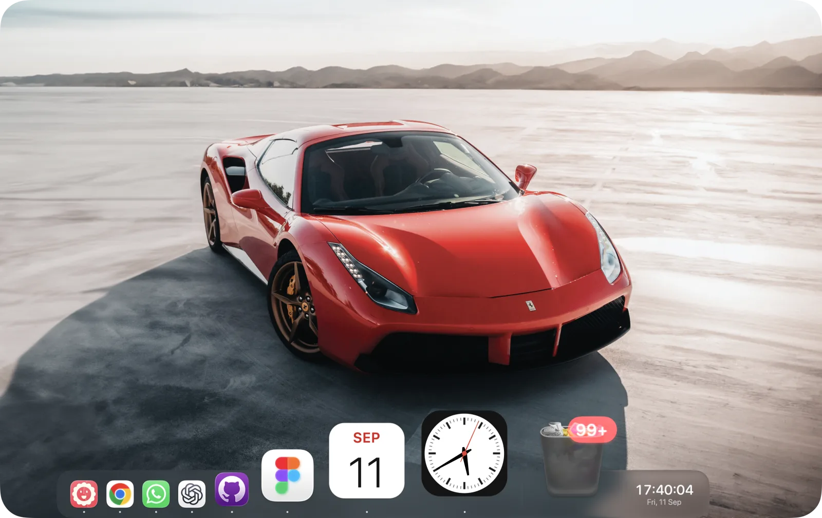 Dock with live Clock and Calendar icons showing the current time and date