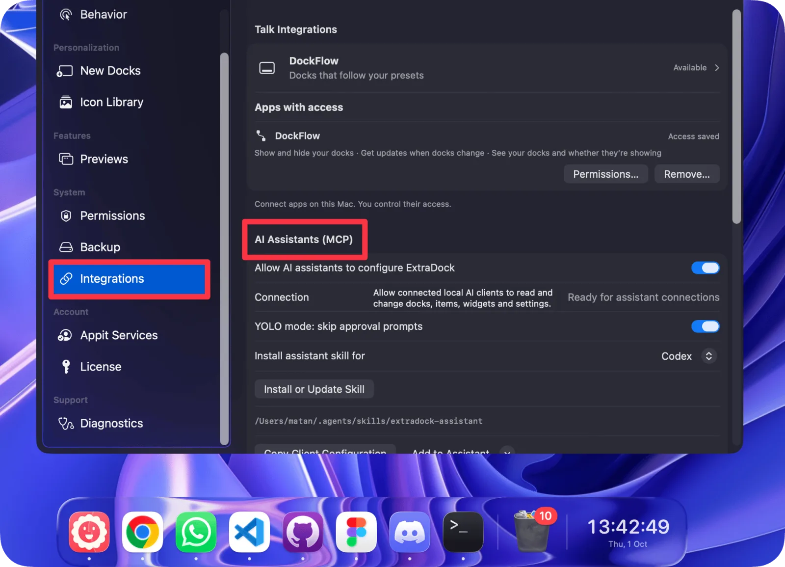 AI Assistants settings for installing the Codex or Claude Code skill and copying client config