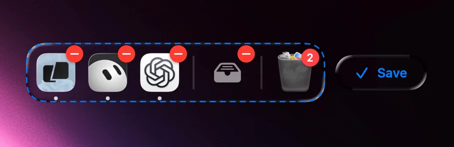 A dock in Edit Mode with minus badges on its items and a floating Save button