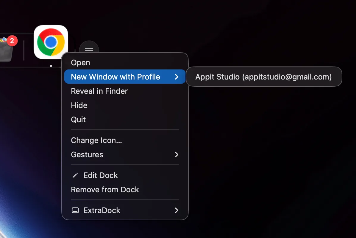 Right-click menu on a browser in the dock listing New Window with Profile options