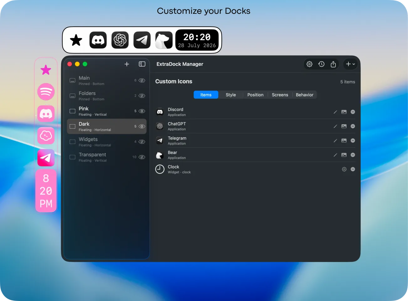 ExtraDock custom dock layouts and icons