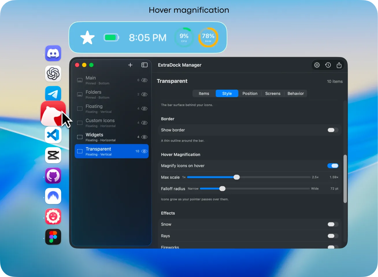 ExtraDock hover magnification settings