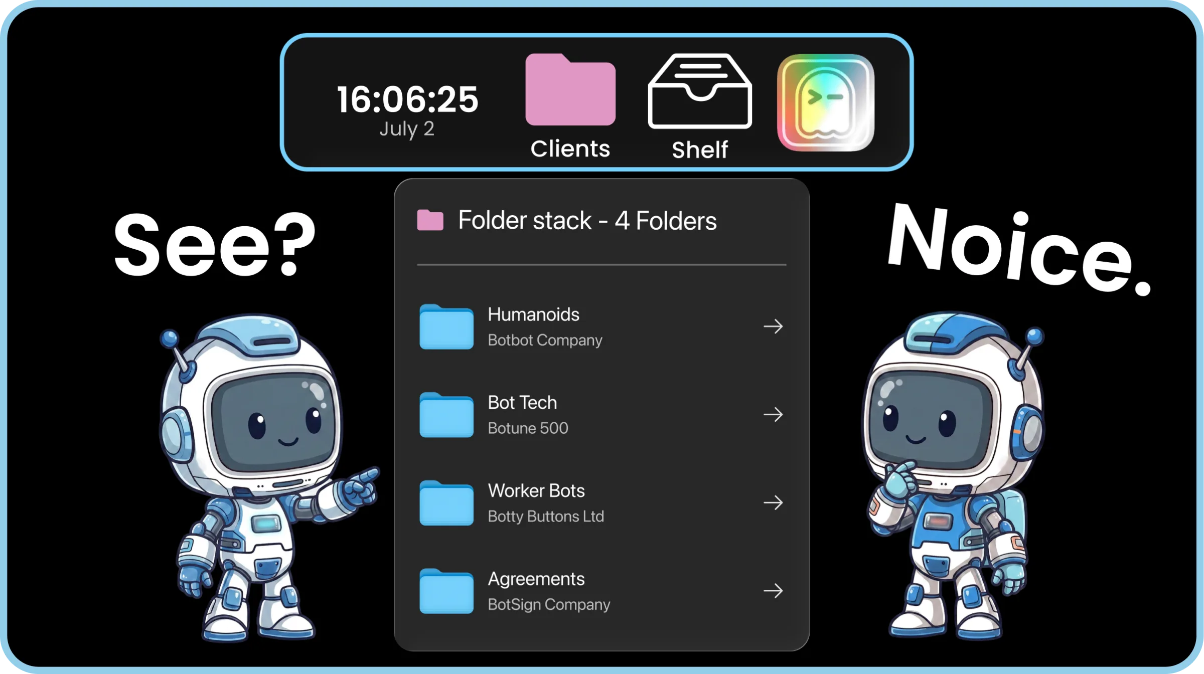 ExtraDock's ExtraBot mascot with a Folder Stack of folders behind one dock icon