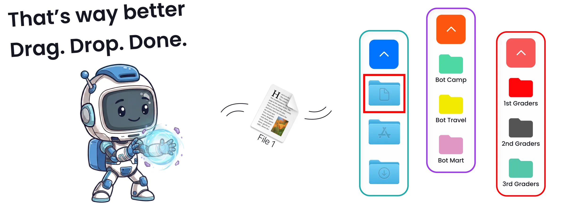 ExtraDock's ExtraBot mascot moving files across a wide desktop