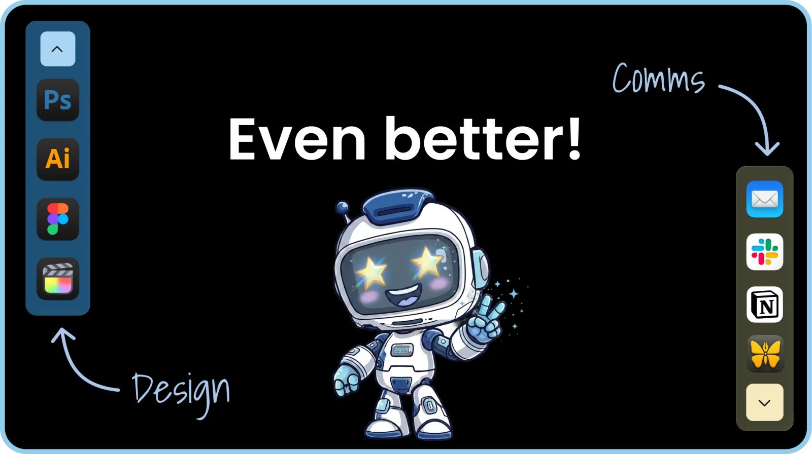 ExtraDock's ExtraBot mascot between two custom docks grouped by project: Design and Comms