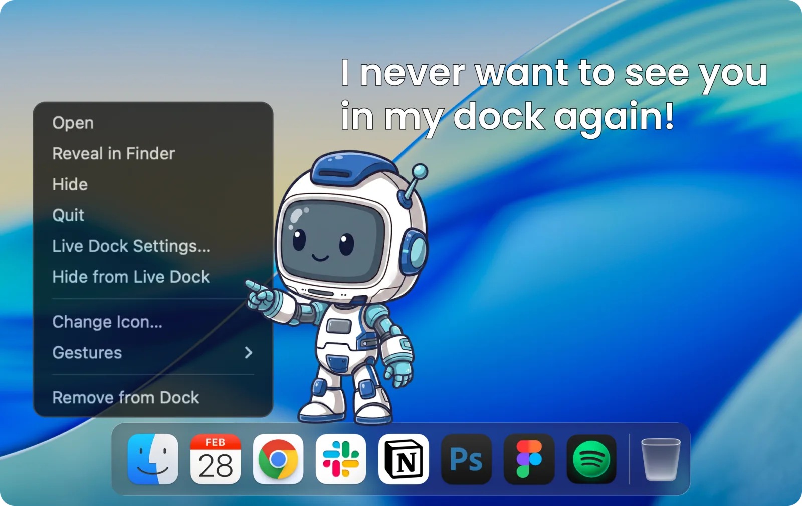 Remove apps from dock on Mac: ExtraBot choosing Hide from Live Dock in ExtraDock's right-click menu