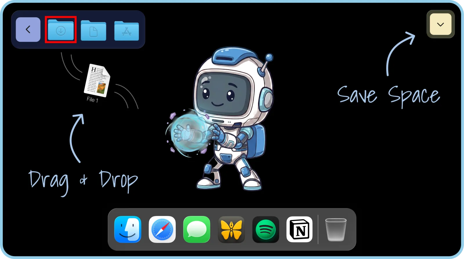 ExtraDock's ExtraBot mascot showing quality-of-life features: drag and drop into dock folders and a collapsible dock