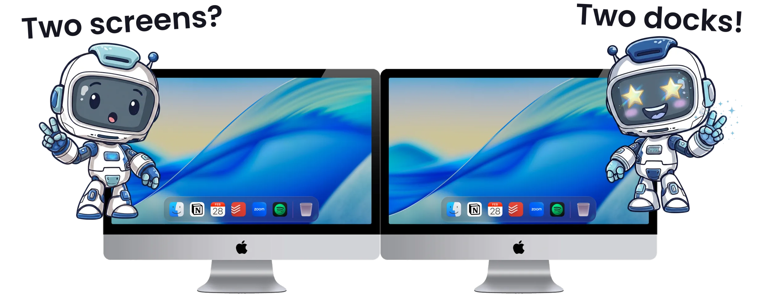 ExtraDock's ExtraBot mascot with two Mac screens, each with its own dock