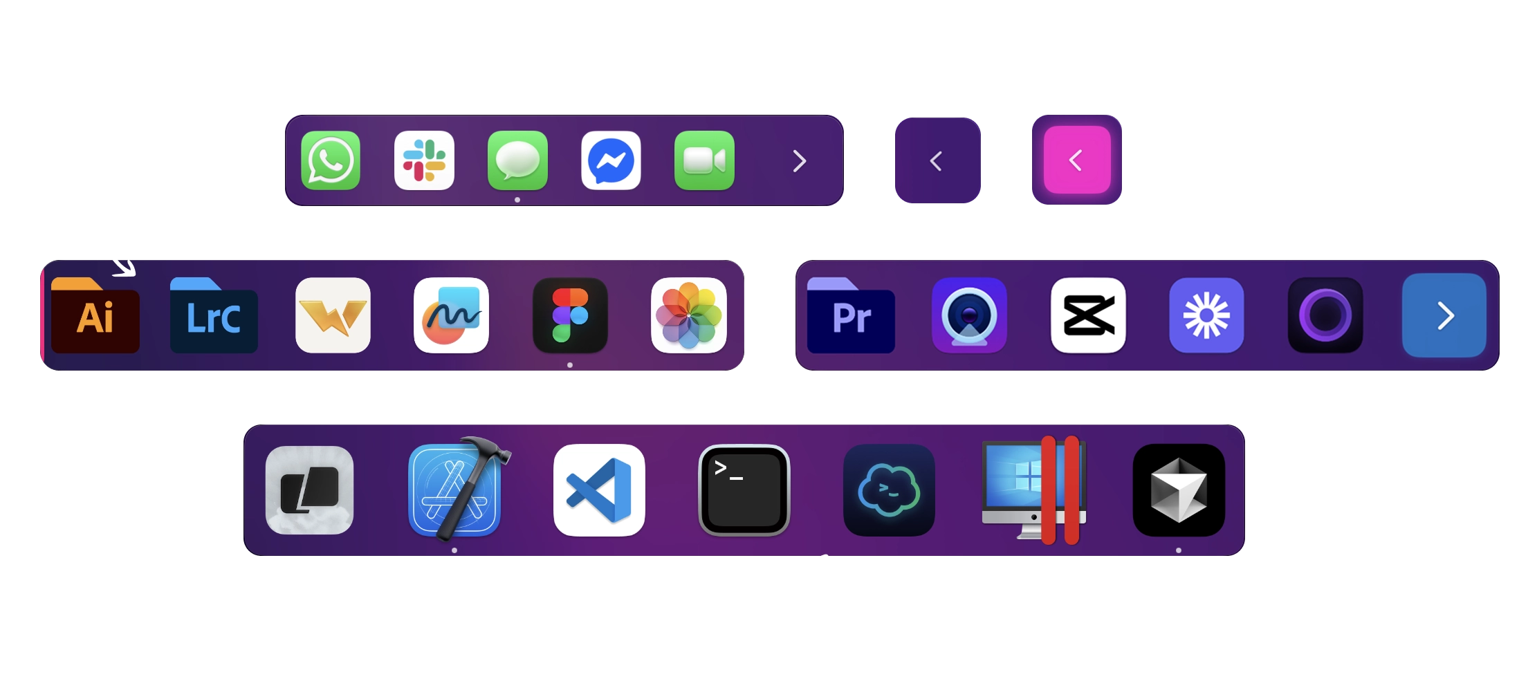 extraDock interface showing multiple docks on macOS